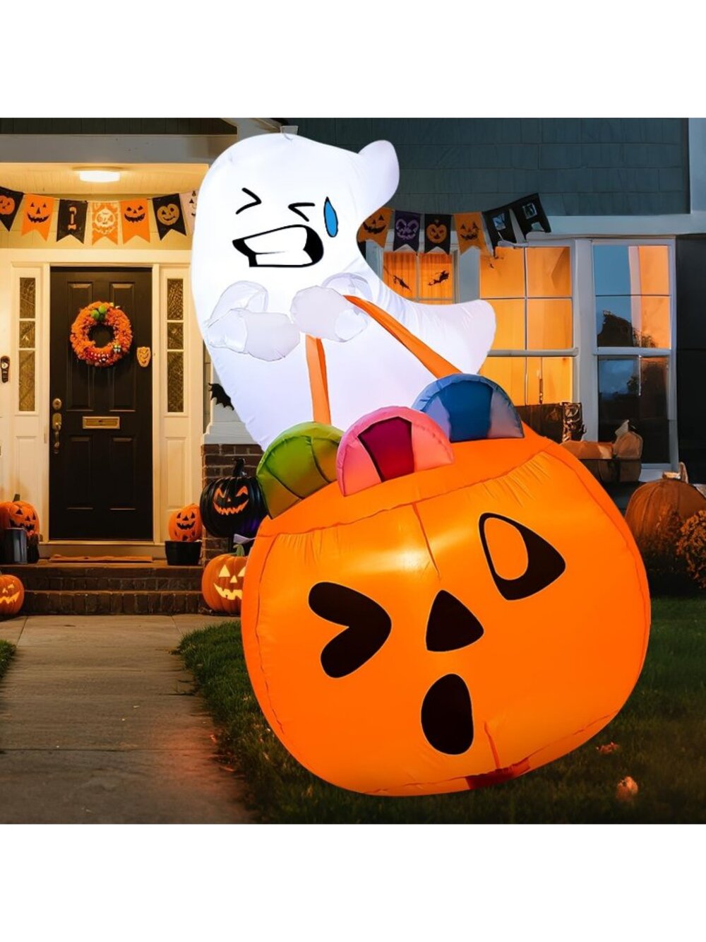 🎃 5 FT Tall Halloween Inflatables Cute Ghost Pumpkin Candy Bag Build-in LEDs